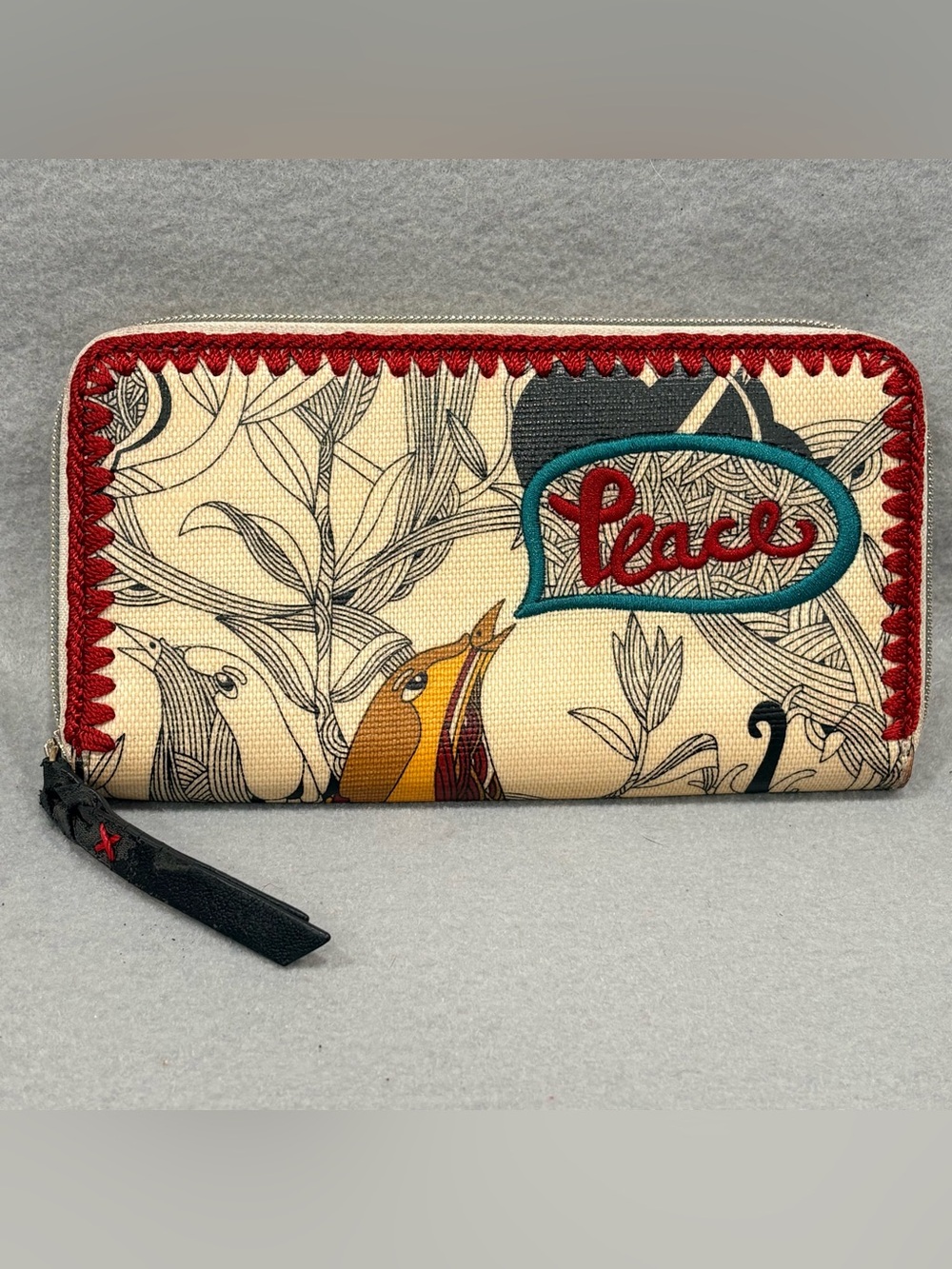 Sakroots Wallet Large Zip Around Canvas Embroidered Peace Birds Flowers BoHo